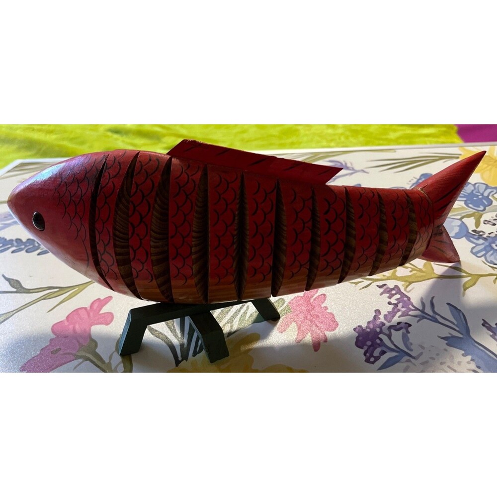 Handcrafted Red Articulated Wooden Fish Sculpture by Red Fish Designs Rare